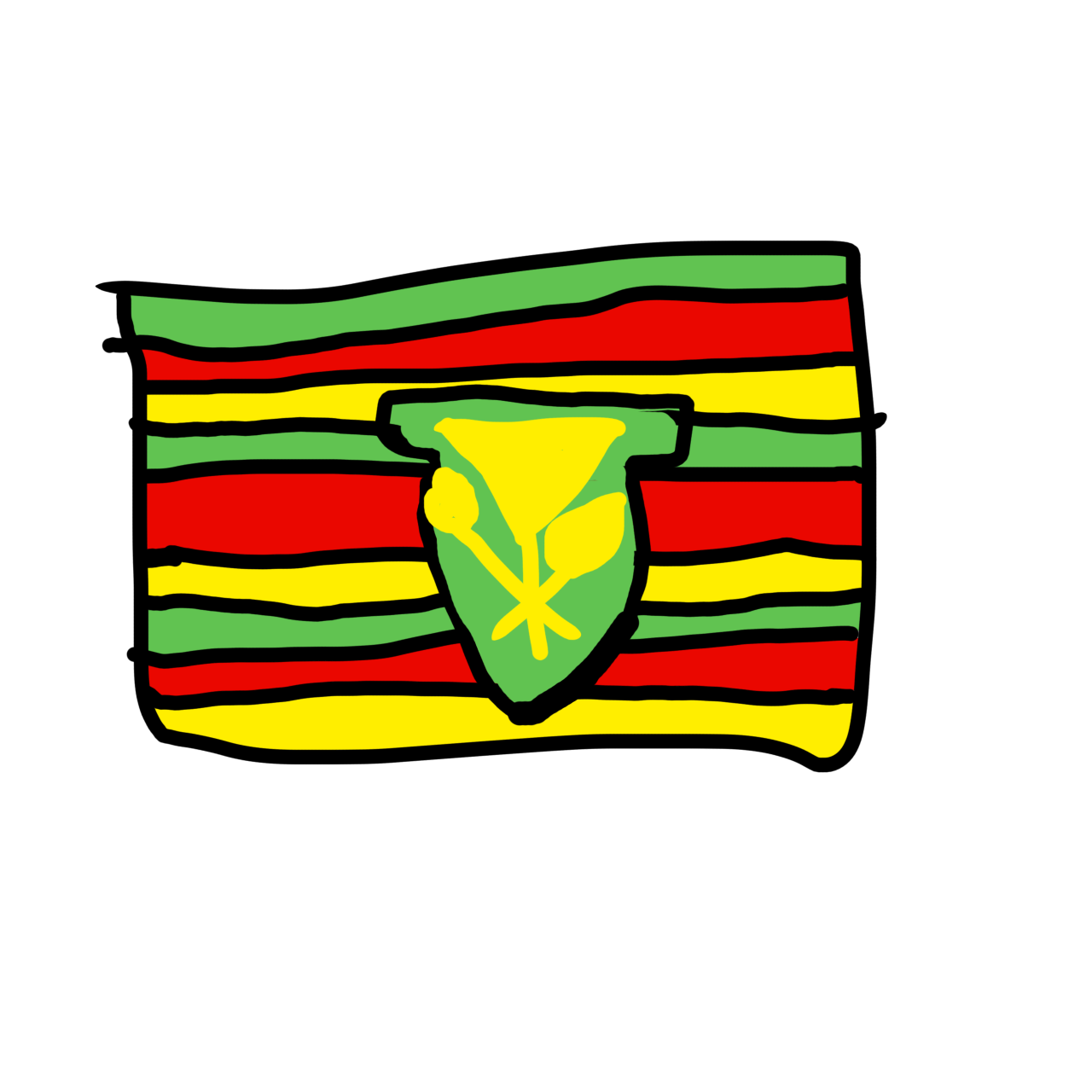 a flag with nine stripes alternating between green, red, and yellow. There’s a green shield in the center, with two paddles and a puela insignia in yellow.
